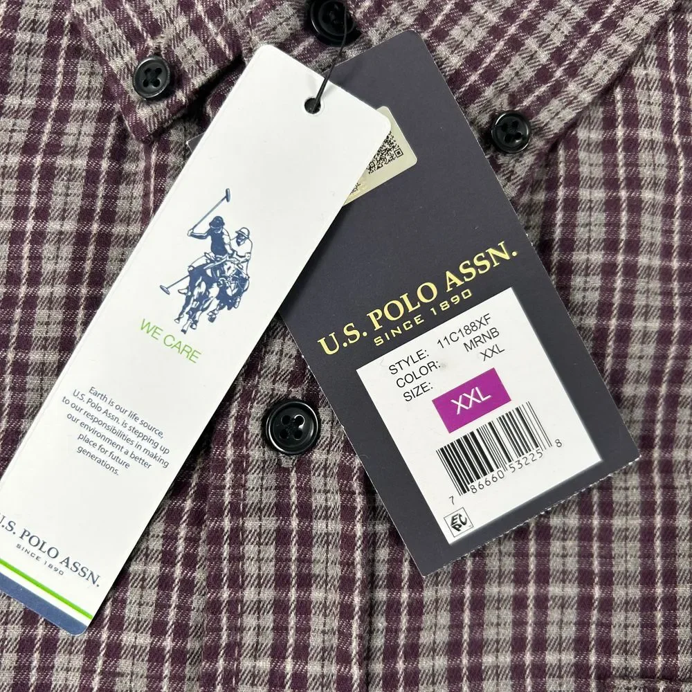 U.S. Polo Assn. Button Down Shirt‎ Mens XXL Maroon Plaid Woven Long Sleeve NWT